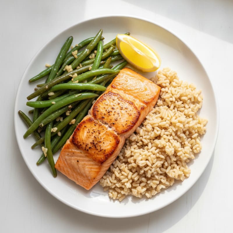 Seared Salmon Fillet with Garlic Green Beans and Brown Rice