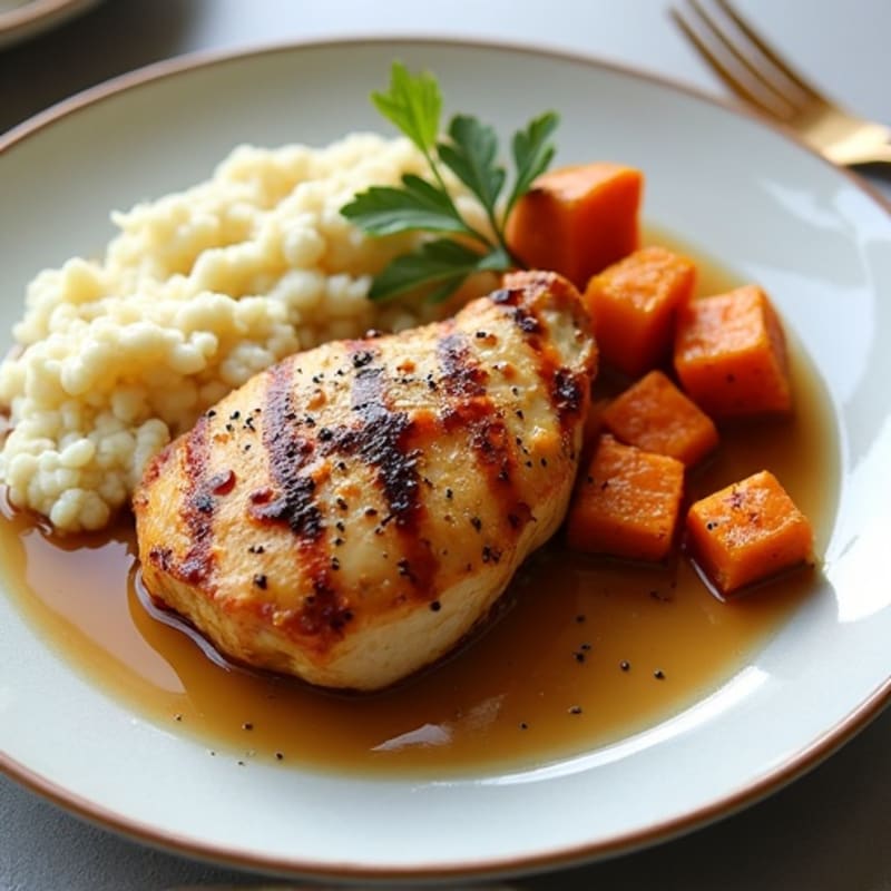 Maple-Glazed Chicken with Roasted Sweet Potatoes and Creamy Cauliflower Puree