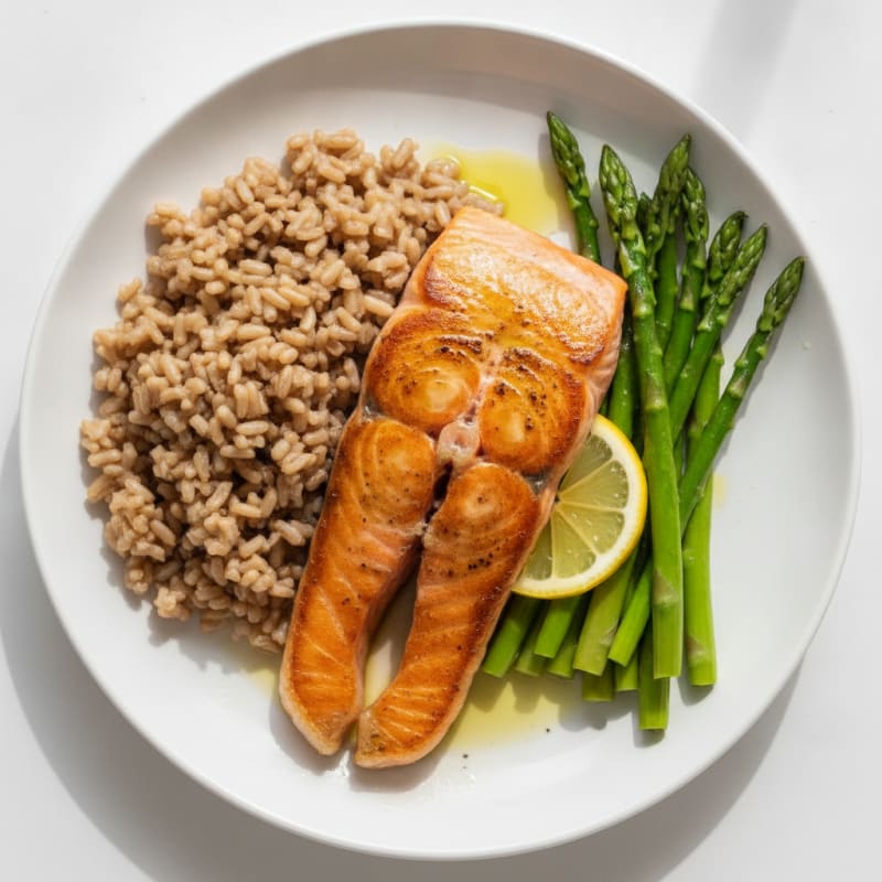 Seared Salmon Fillet with Steamed Asparagus and Brown Rice