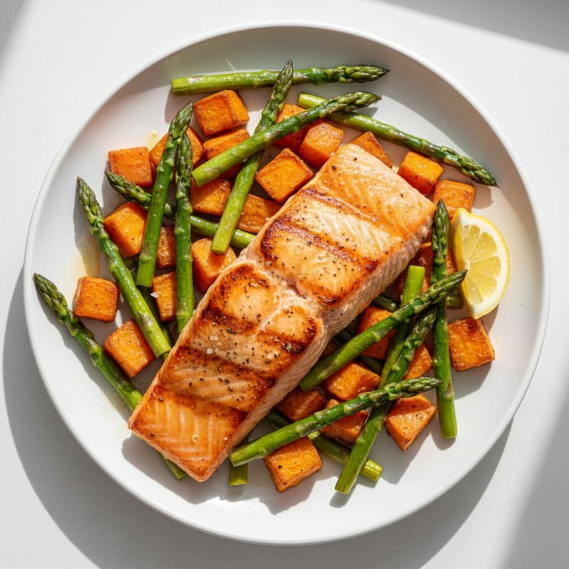 Seared Salmon with Roasted Sweet Potato and Asparagus