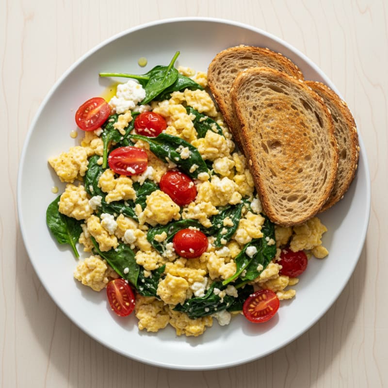 Cottage Cheese Egg Scramble with Spinach and Cherry Tomatoes
