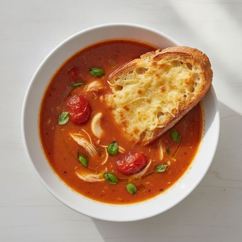 Roasted Tomato Basil Soup with Parmesan Crostini