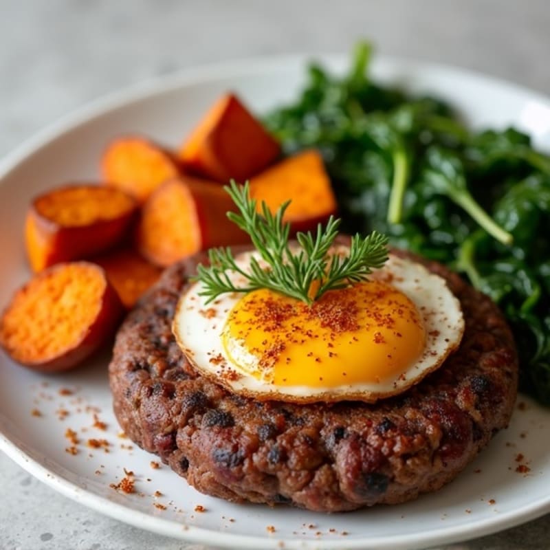 Hearty Smoky Black Bean Burgers with Roasted Sweet Potatoes and Sautéed Greens