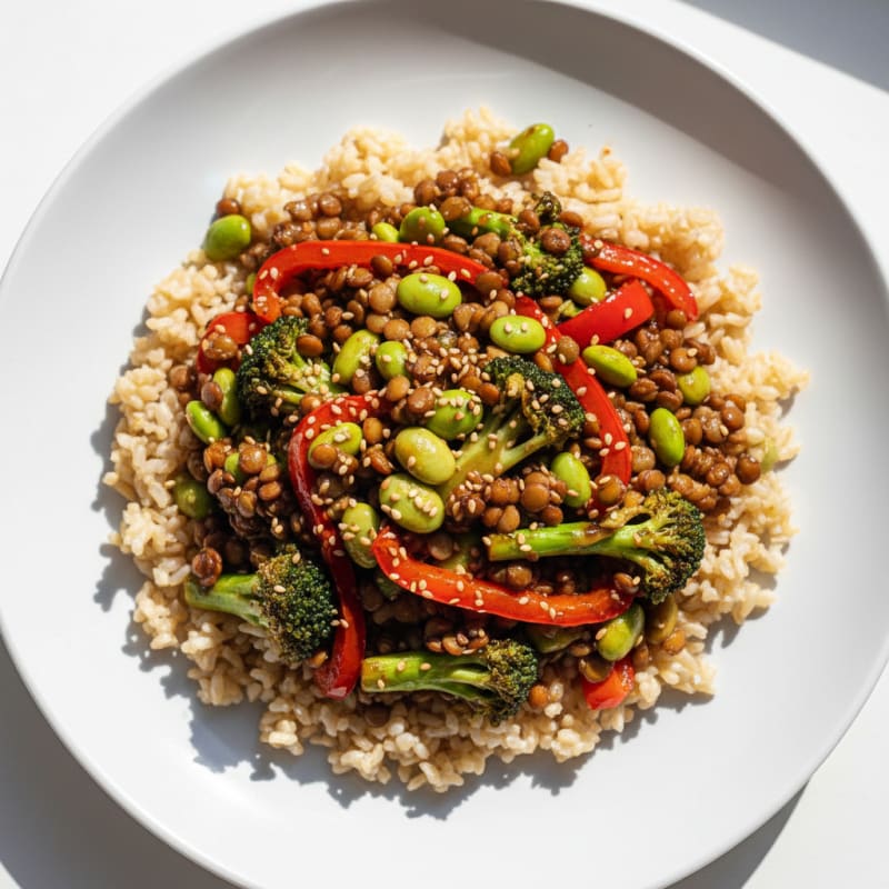 Lentil and Vegetable Stir Fry with Edamame and Brown Rice