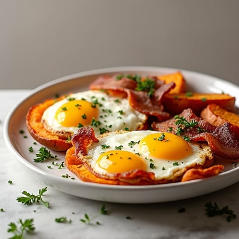 Crispy Turkey Bacon and Herb-Baked Eggs with Roasted Sweet Potatoes