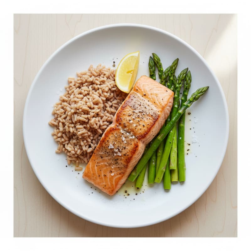 Seared Salmon with Steamed Asparagus and Brown Rice