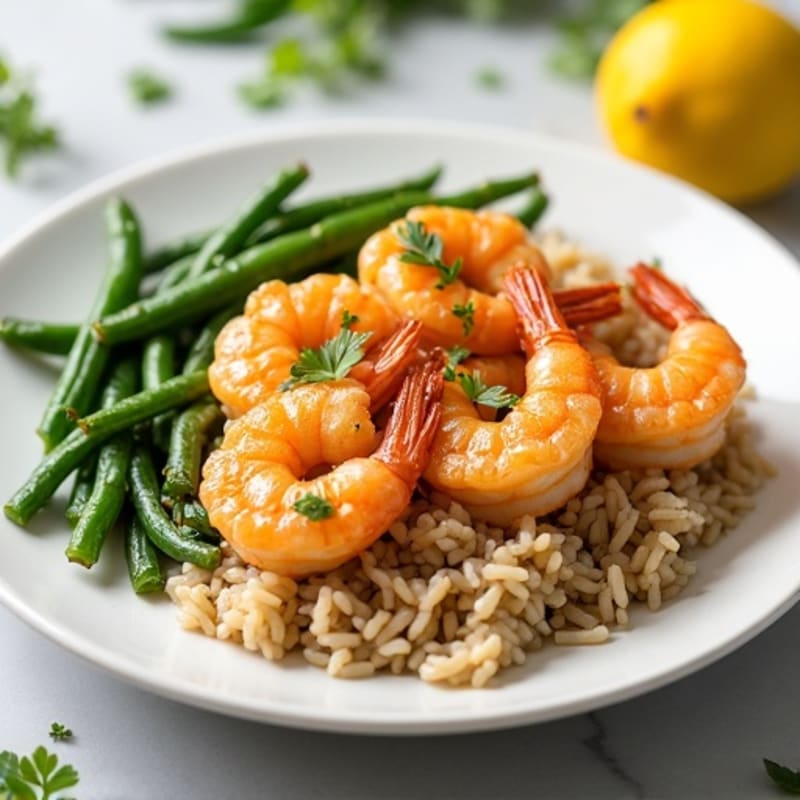 Crispy Lemon-Garlic Shrimp with Fluffy Brown Rice and Roasted Green Beans