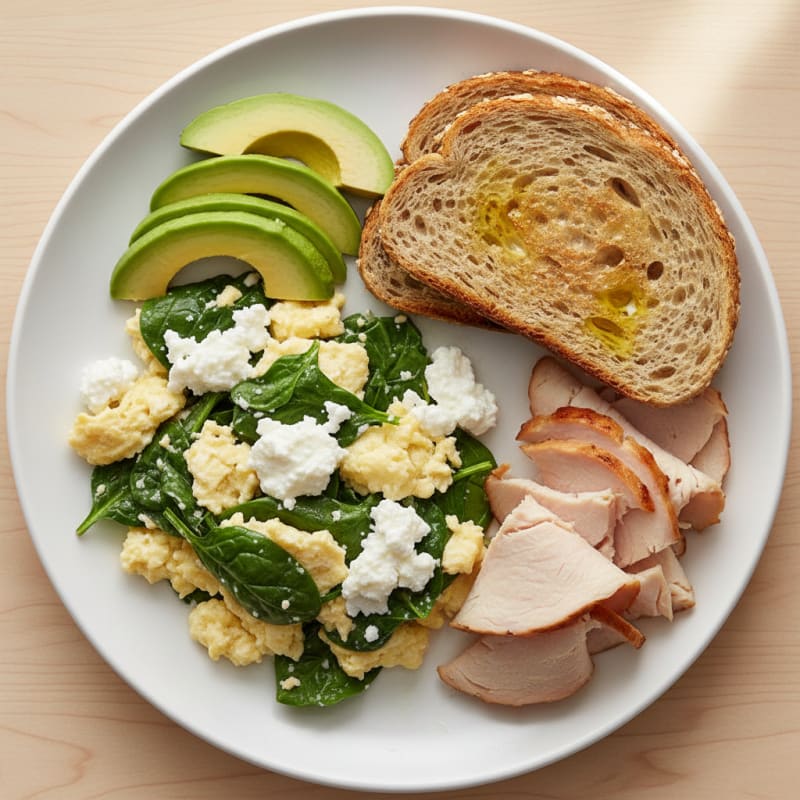 Egg White Spinach Scramble with Cottage Cheese and Sliced Turkey