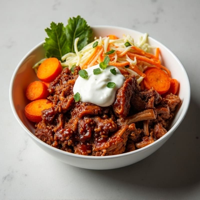 Slow-Cooked BBQ Pulled Pork Bowl with Roasted Sweet Potatoes and Crunchy Slaw