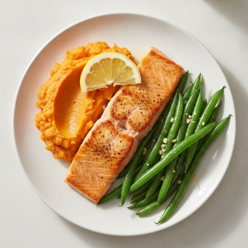 Seared Salmon with Garlic Green Beans and Mashed Sweet Potato