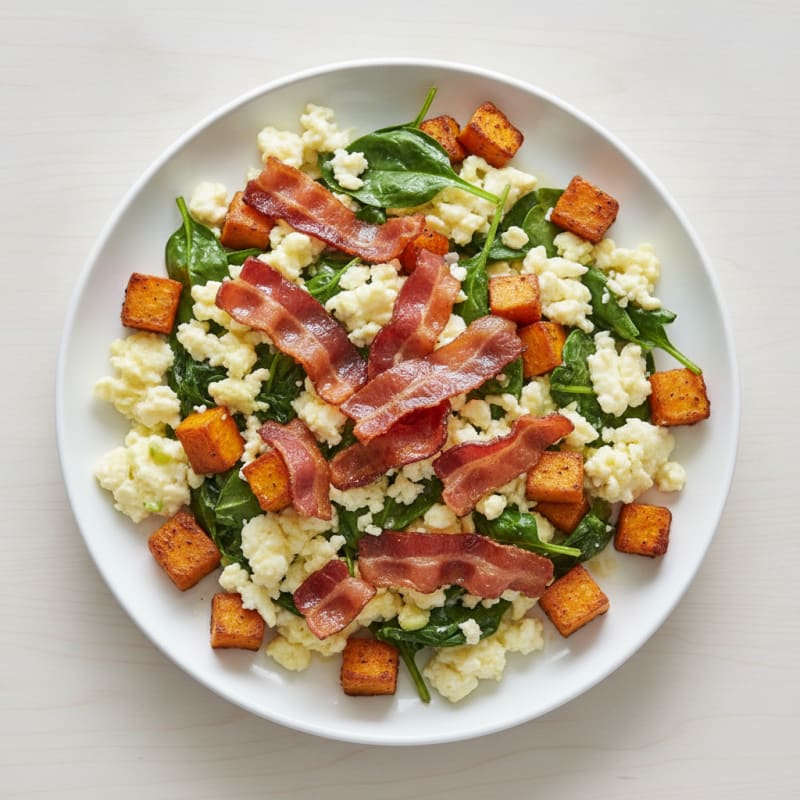 Crispy Turkey Bacon and Egg White Scramble with Spinach and Sweet Potato