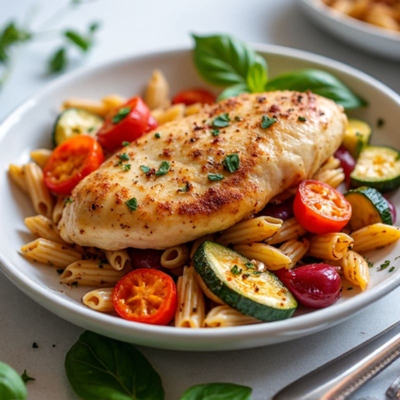 Spicy Herb Chicken with Whole Wheat Pasta and Roasted Vegetables