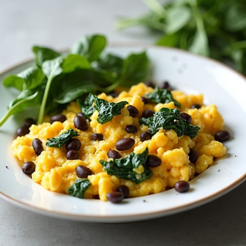 Scrambled Eggs with Black Beans and Sautéed Spinach