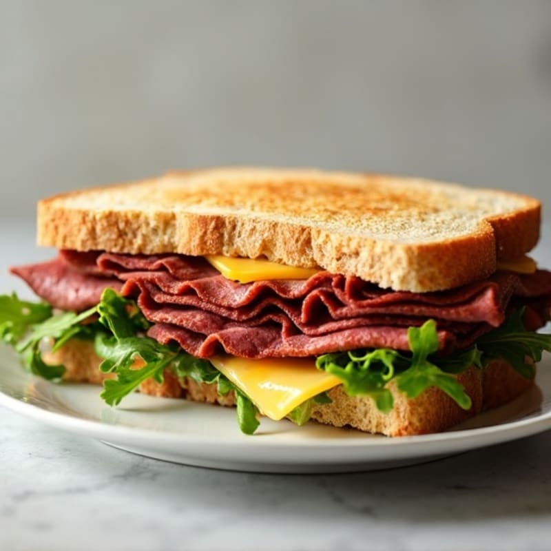 Lean Roast Beef Sandwich with Melted Sharp Cheddar and Fresh Arugula