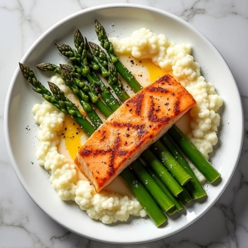 Seared Salmon Fillet with Steamed Asparagus and Cauliflower Mash