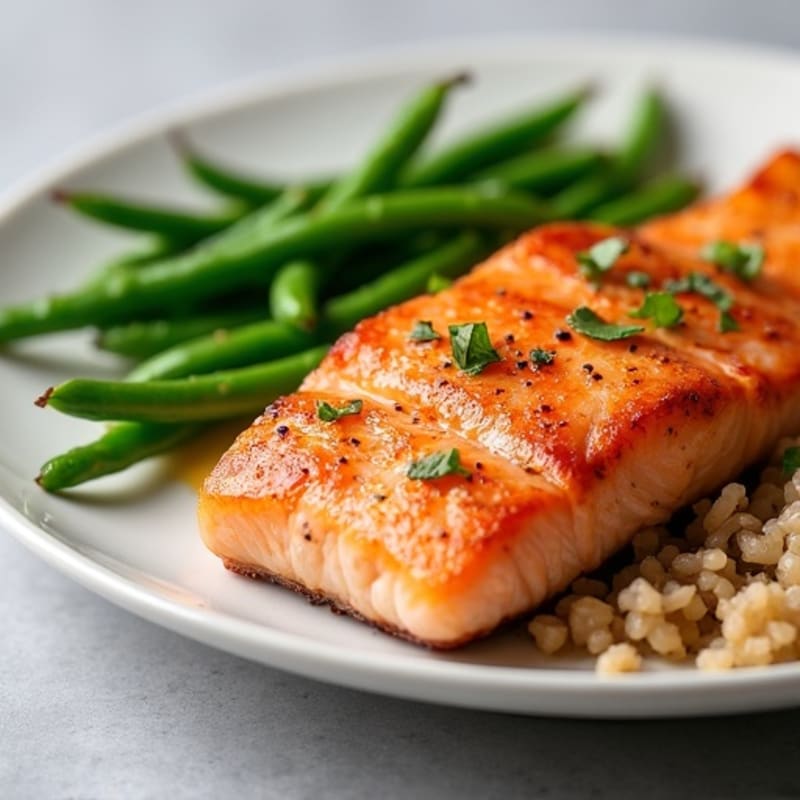 Crispy Pan-Seared Salmon with Fresh Green Beans and Brown Rice