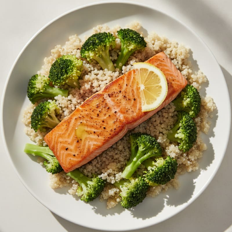 Seared Salmon with Steamed Broccoli and Quinoa