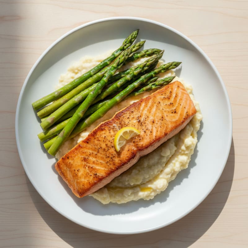 Seared Salmon Fillet with Steamed Asparagus and Cauliflower Mash