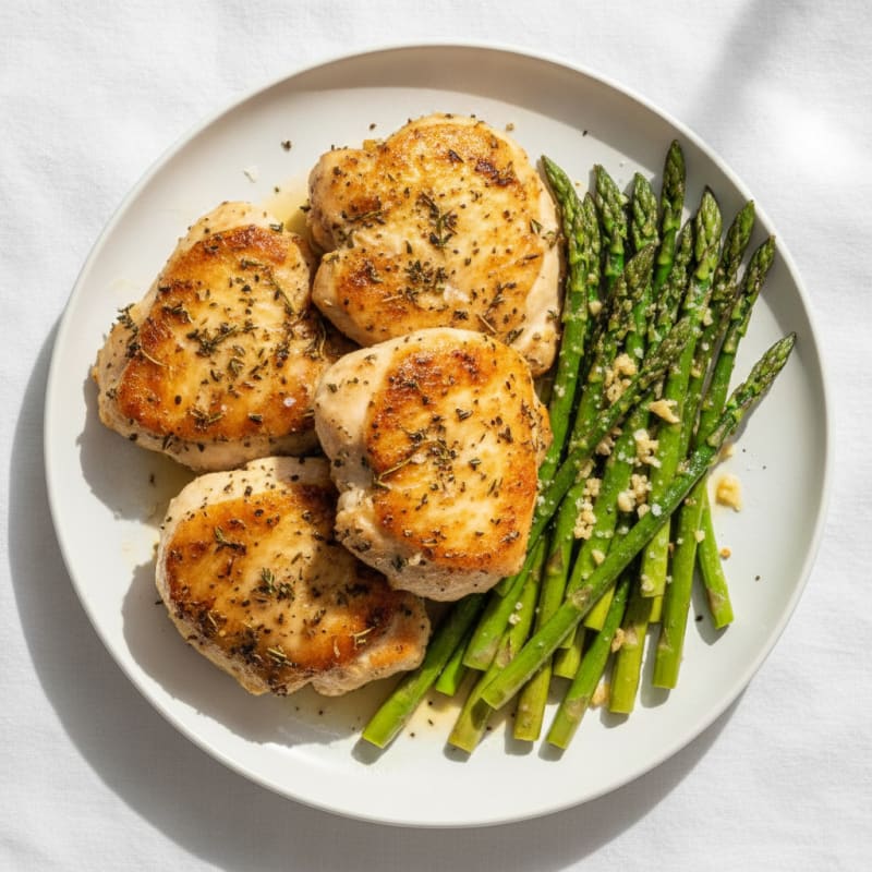 Pan-Seared Herb Chicken Thighs with Garlicky Asparagus