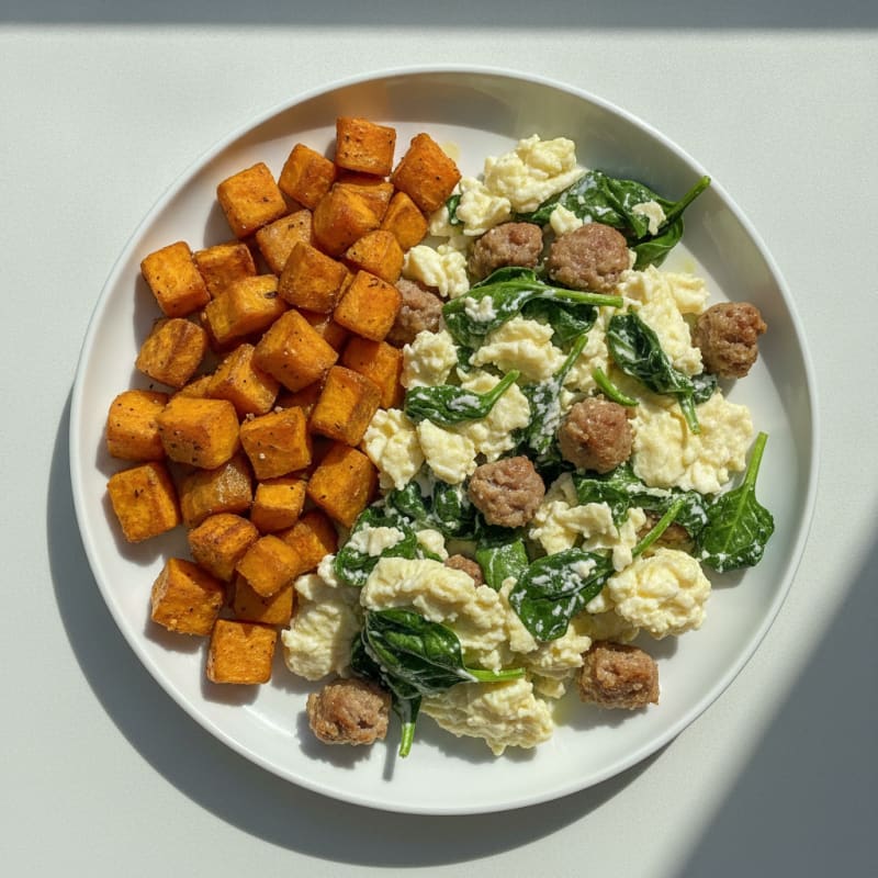 Egg White Spinach Scramble with Turkey Sausage and Roasted Sweet Potatoes