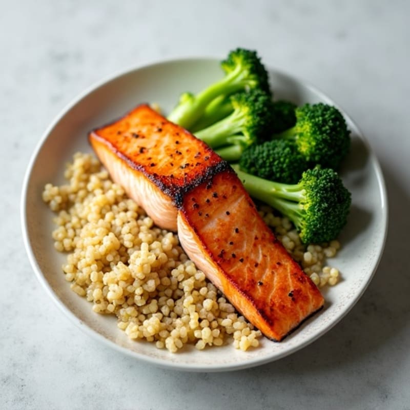 Seared Salmon with Steamed Broccoli and Quinoa