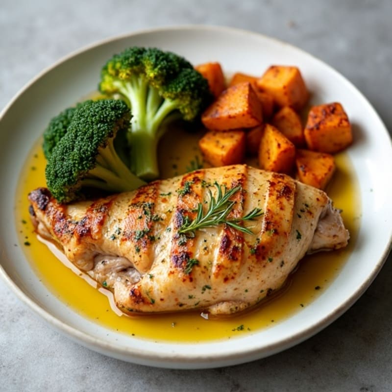 Herb-Roasted Chicken with Crispy Sweet Potatoes and Roasted Broccoli