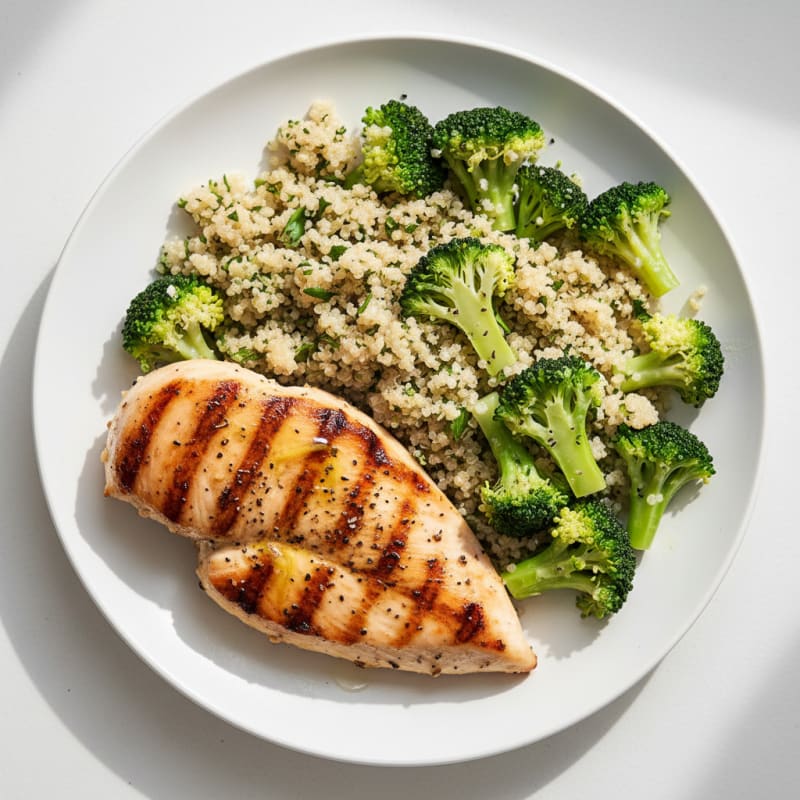 Grilled Chicken Breast with Steamed Broccoli and Quinoa