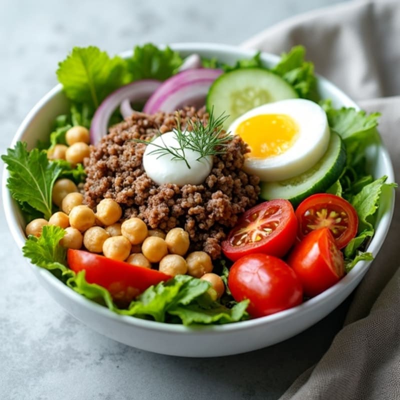 Lean Ground Beef and Fresh Salad Bowl with Creamy Dill Dressing