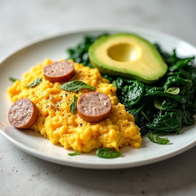 Egg White and Turkey Sausage Scramble with Sautéed Spinach