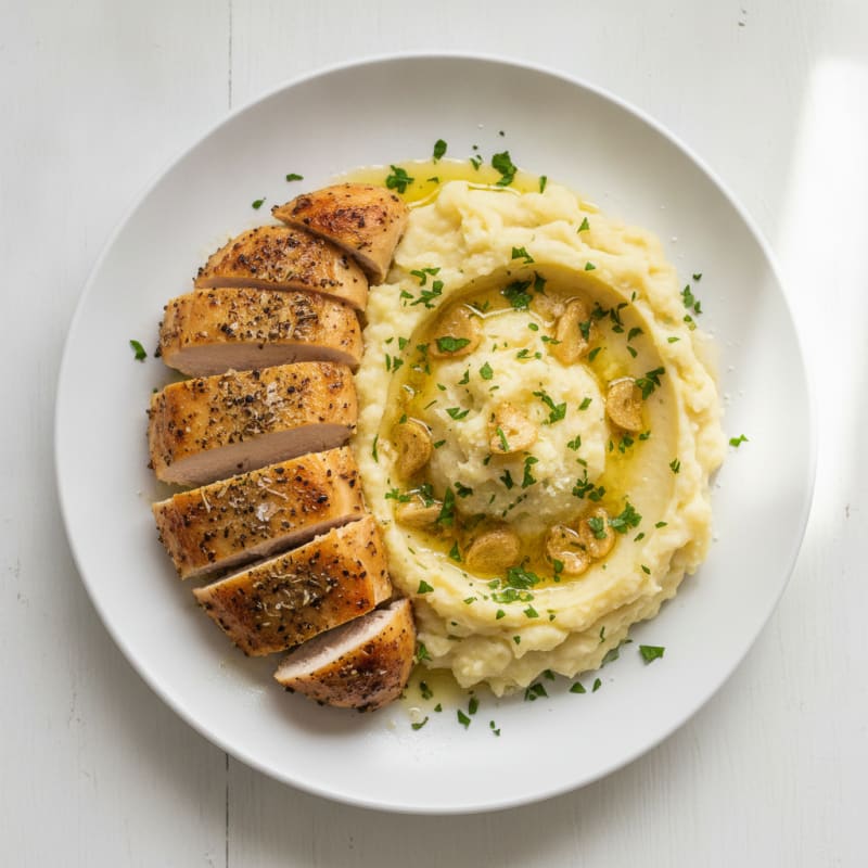 Buttery Garlic Mashed Potatoes with Herb-Roasted Chicken