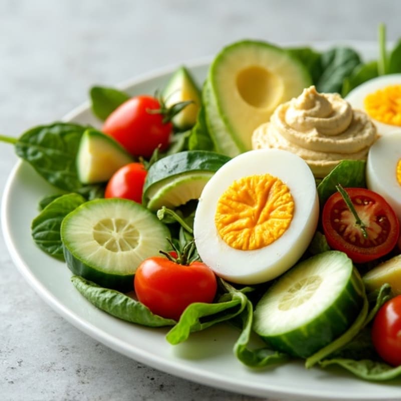 Hard-Boiled Egg and Fresh Vegetable Salad with Creamy Hummus and Avocado