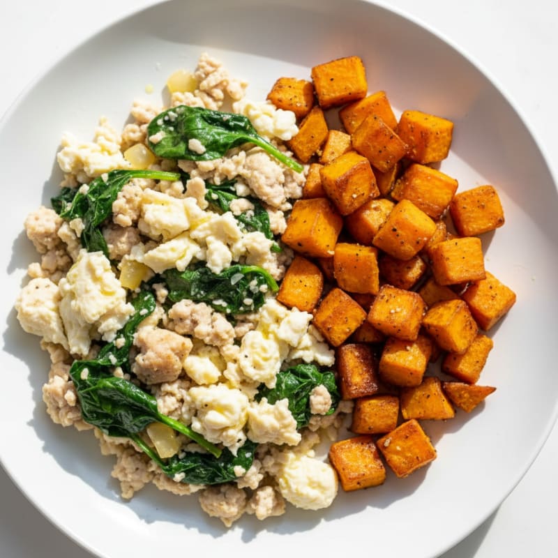 Egg White and Turkey Spinach Scramble with Roasted Sweet Potatoes