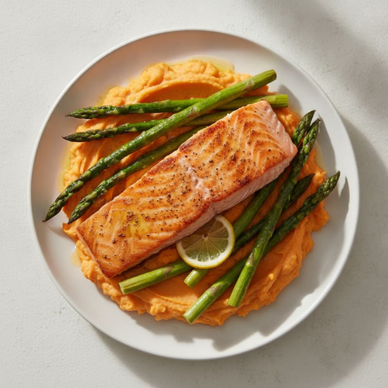 Seared Salmon Fillet with Roasted Asparagus and Sweet Potato Mash