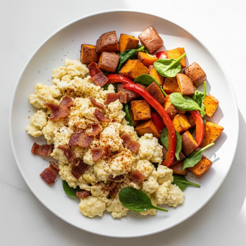 Crispy Turkey Bacon Egg White Scramble with Roasted Sweet Potatoes