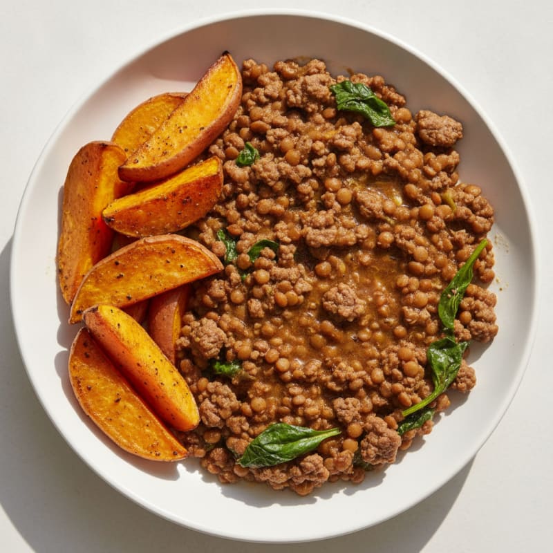 Minced Beef and Lentil Skillet with Roasted Sweet Potatoes