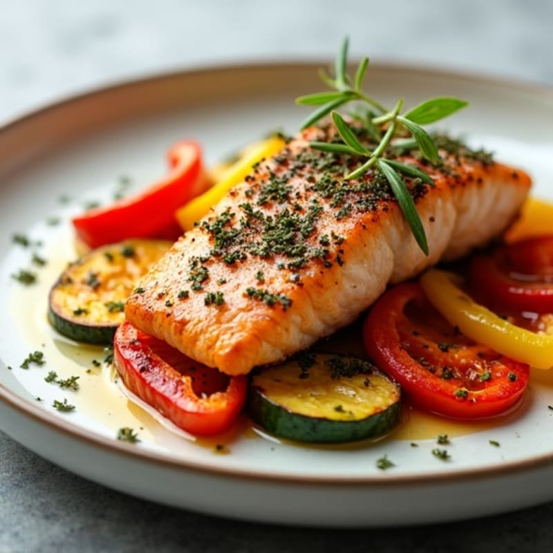 Crispy Herb-Crusted Salmon with Roasted Rainbow Vegetables