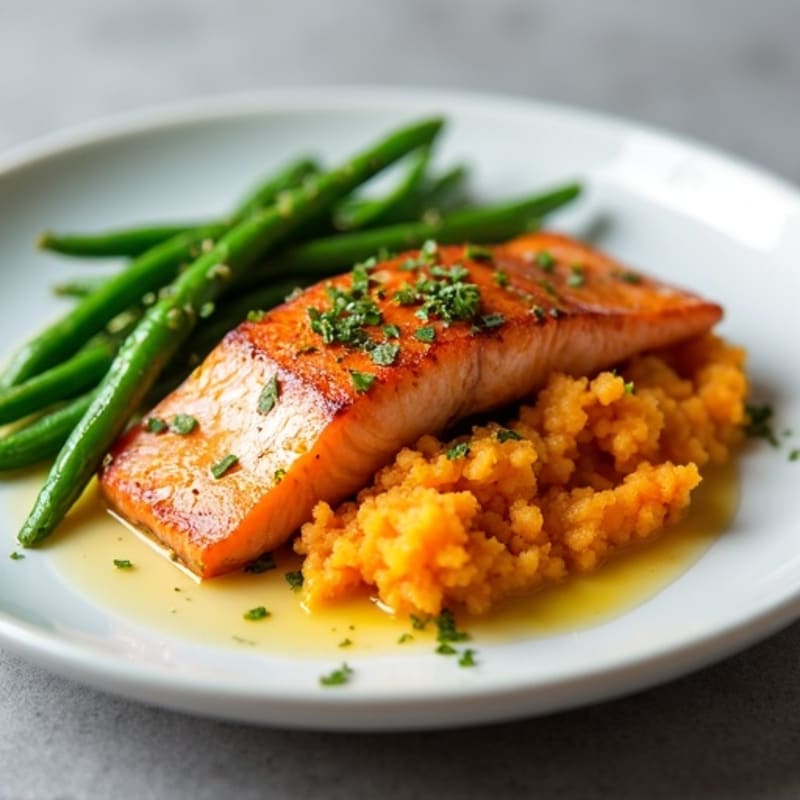 Seared Salmon with Steamed Green Beans and Sweet Potato Mash