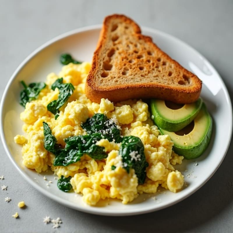 Creamy Scrambled Eggs with Sautéed Spinach, Avocado, and Whole Grain Toast
