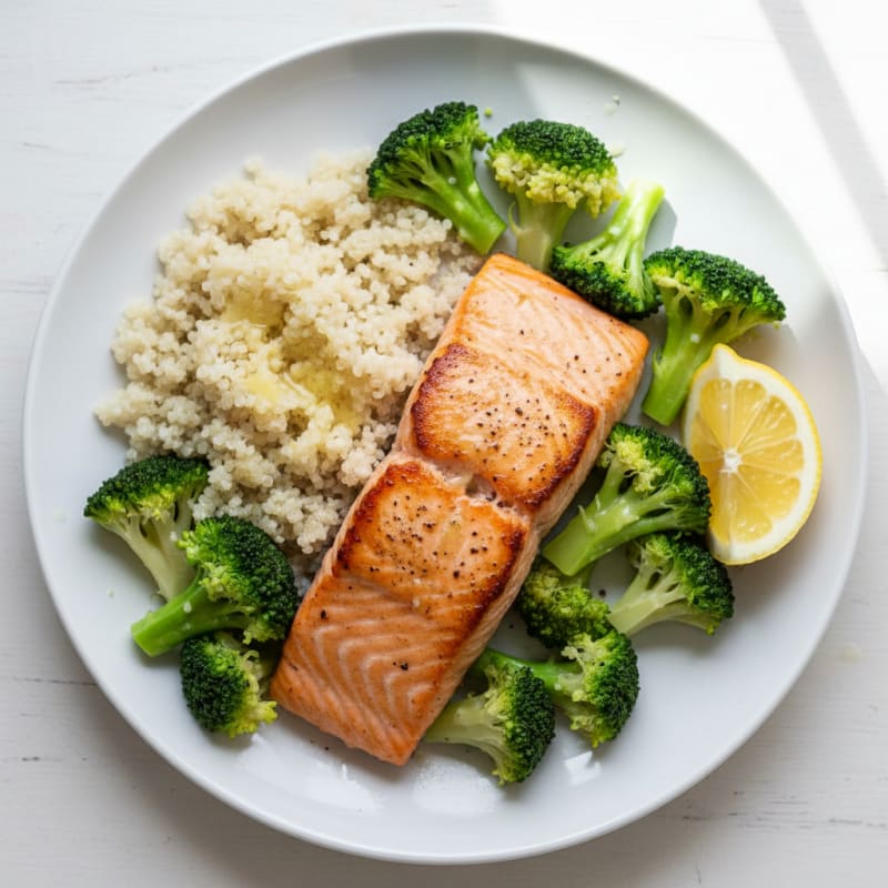 Seared Salmon with Steamed Broccoli and Quinoa