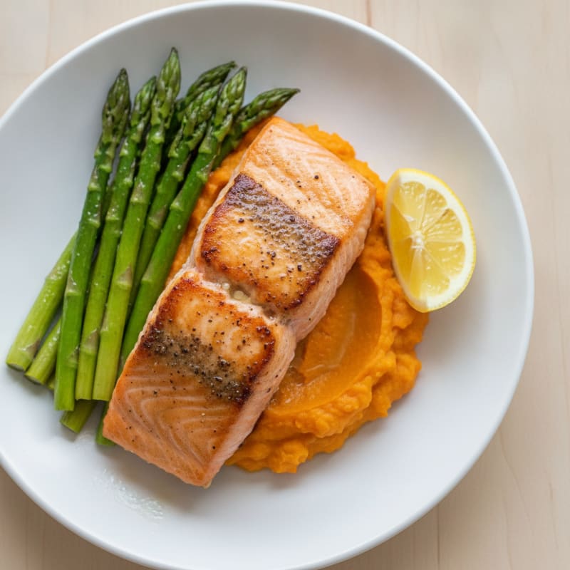 Seared Salmon Fillet with Roasted Asparagus and Sweet Potato Mash
