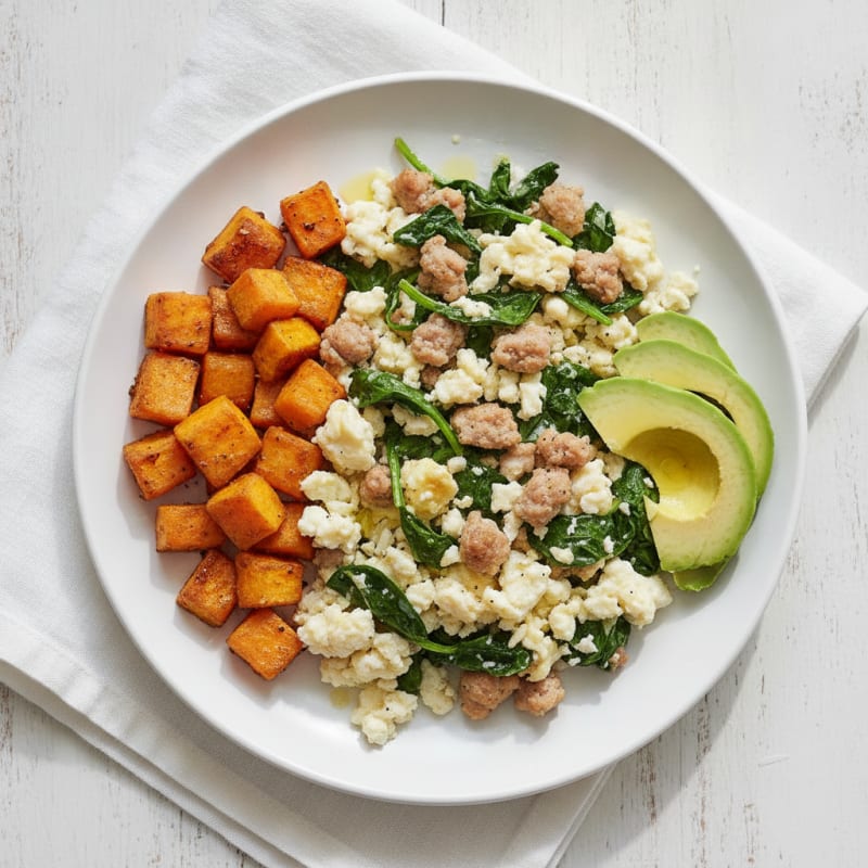 Egg White and Turkey Sausage Scramble with Sautéed Spinach