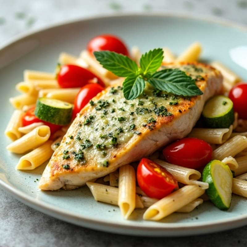 Creamy Pesto Chicken with Roasted Veggies and Whole Wheat Pasta