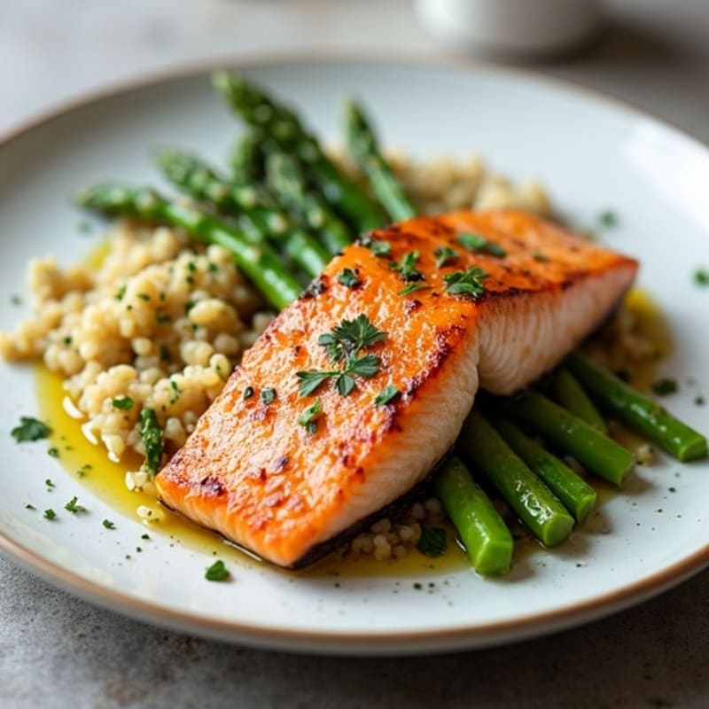 Seared Salmon with Herb Quinoa and Steamed Asparagus