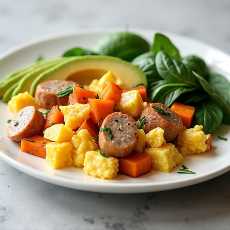 Egg White and Turkey Sausage Scramble with Spinach and Sweet Potato