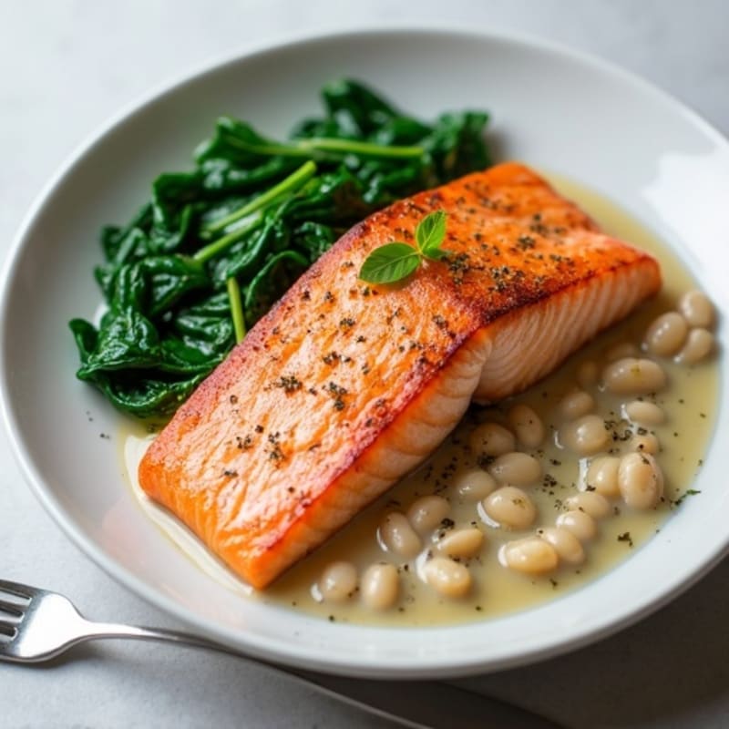 Seared Salmon Fillet with Creamy White Bean Mash and Sautéed Spinach
