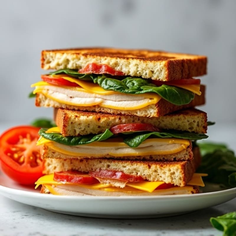 Crispy Whole Grain Turkey, Spinach, and Tomato Grilled Cheese Stack
