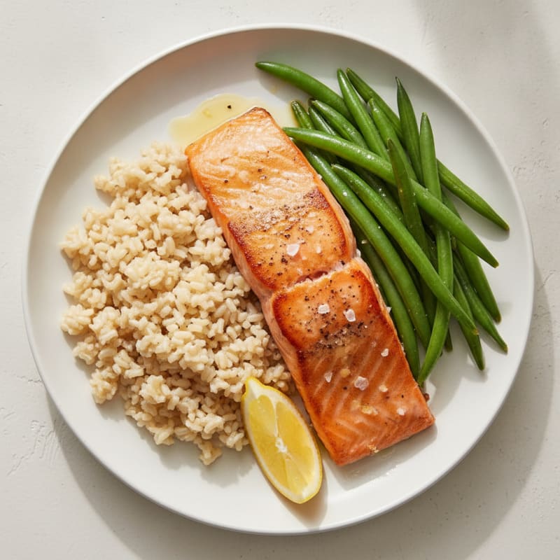 Seared Salmon Fillet with Steamed Green Beans and Brown Rice