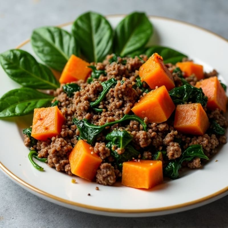 Hearty Ground Beef and Sweet Potato Hash with Sautéed Spinach