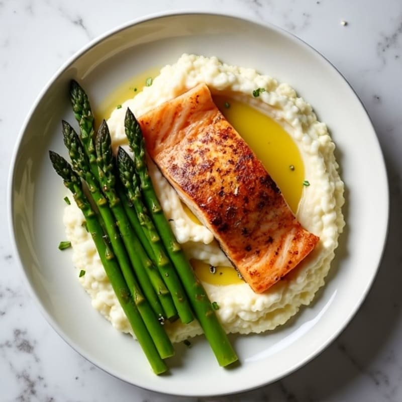 Seared Salmon with Steamed Asparagus and Cauliflower Mash