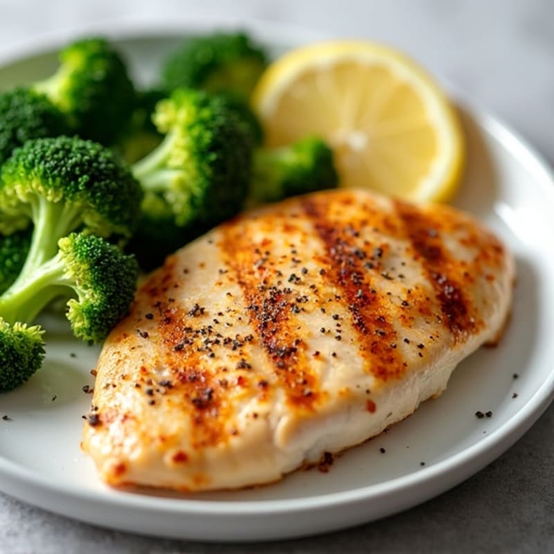 Grilled Chicken Breast with Steamed Broccoli and Lemon